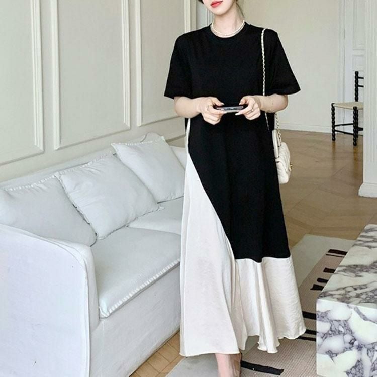 大きいサイズ レディース 異素材アシンメトリーフレアワンピース　goldy-1664 ブラック