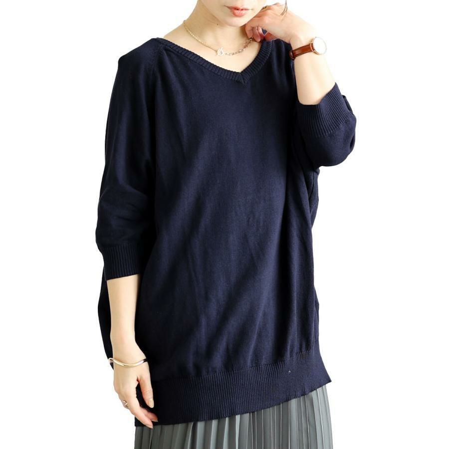 大きいサイズ レディース Vネックドルマンニット　wn-0233【メール便可】 ネイビー
