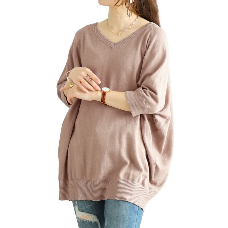 大きいサイズ レディース Vネックドルマンニット　wn-0233【メール便可】 グレーベージュ
