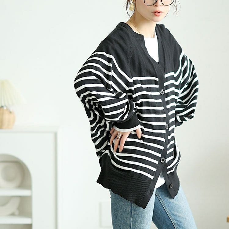 大きいサイズ レディース パネルボーダーコットンドルマンカーディガン　wn-0232【メール便可】