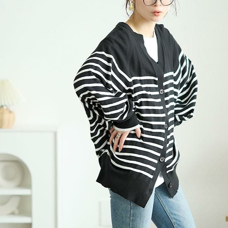 大きいサイズ レディース パネルボーダーコットンドルマンカーディガン　wn-0232【メール便可】 ブラック×オフ
