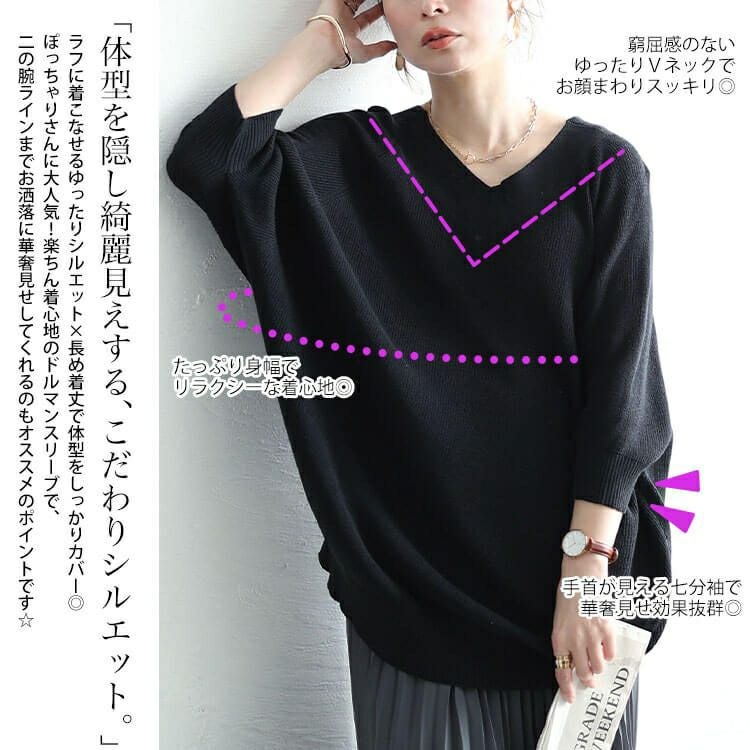 大きいサイズ レディース Vネック畦編みドルマンニット　wn-0229