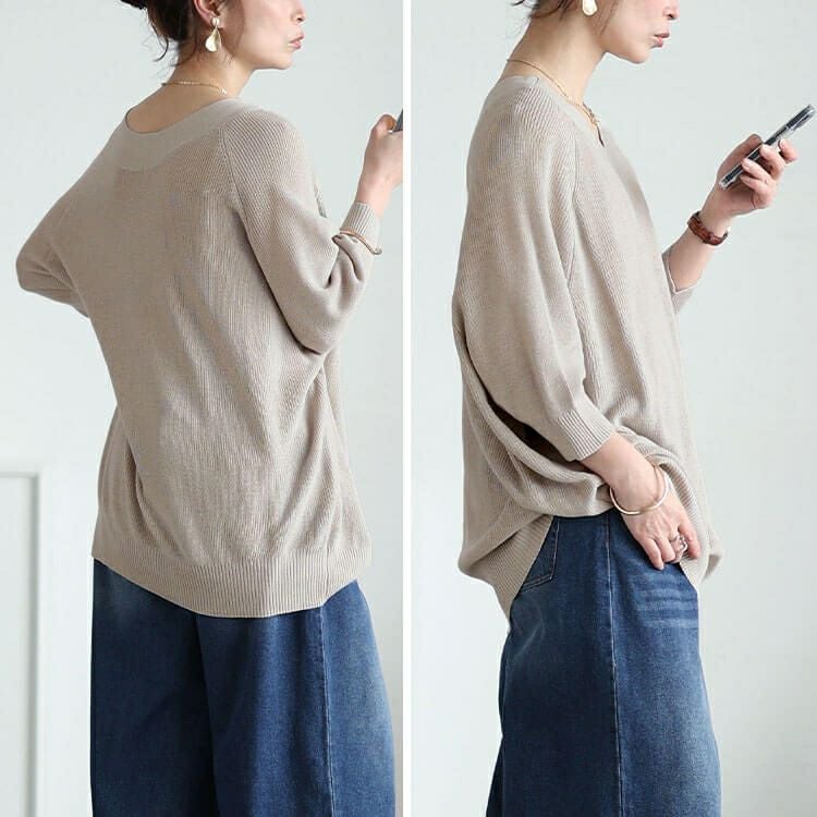 大きいサイズ レディース Vネック畦編みドルマンニット　wn-0229