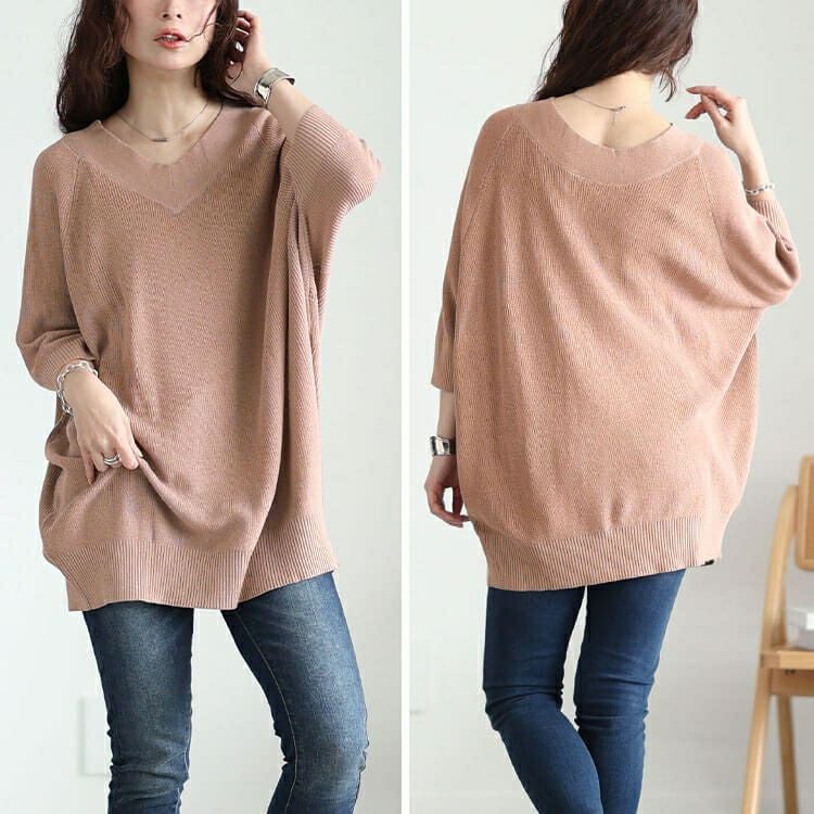 大きいサイズ レディース Vネック畦編みドルマンニット　wn-0229