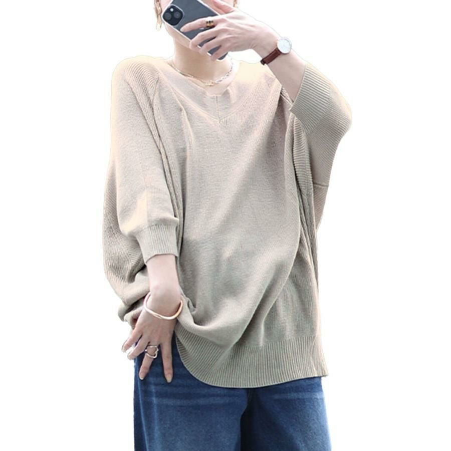 大きいサイズ レディース Vネック畦編みドルマンニット　wn-0229 ライトグレー