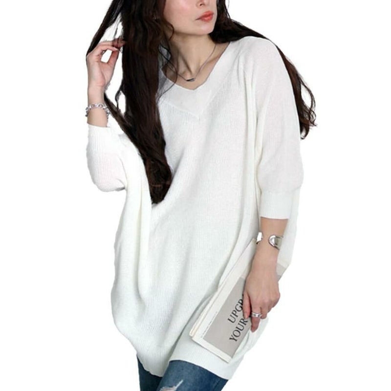 大きいサイズ レディース Vネック畦編みドルマンニット　wn-0229 オフホワイト