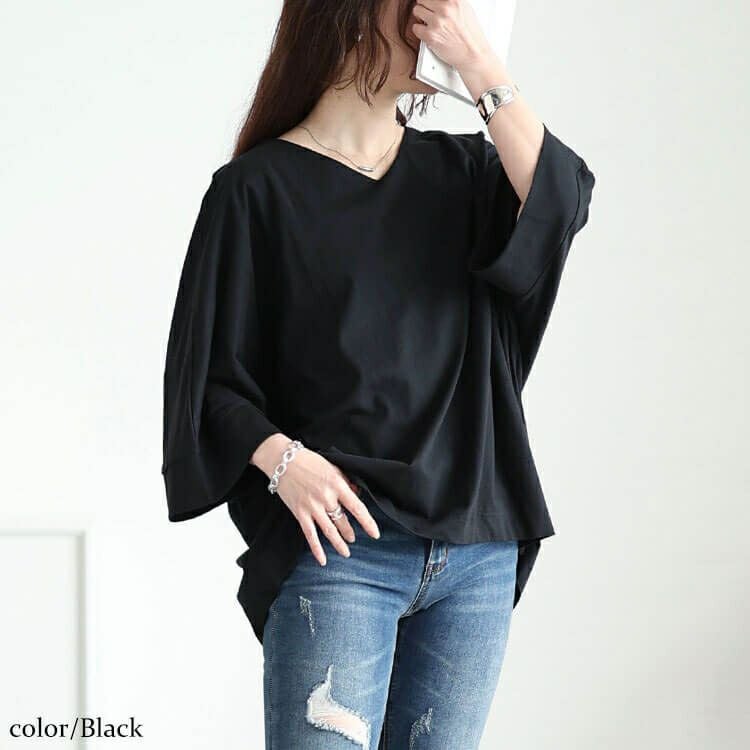 大きいサイズ レディース Vネックワイド袖ドルマンコットンカットソー　wk-0532【メール便可】