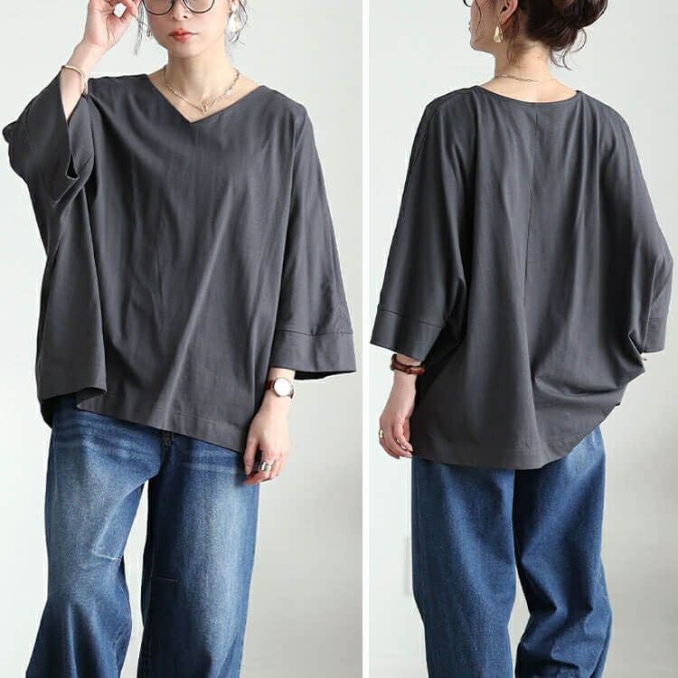 大きいサイズ レディース Vネックワイド袖ドルマンコットンカットソー　wk-0532【メール便可】