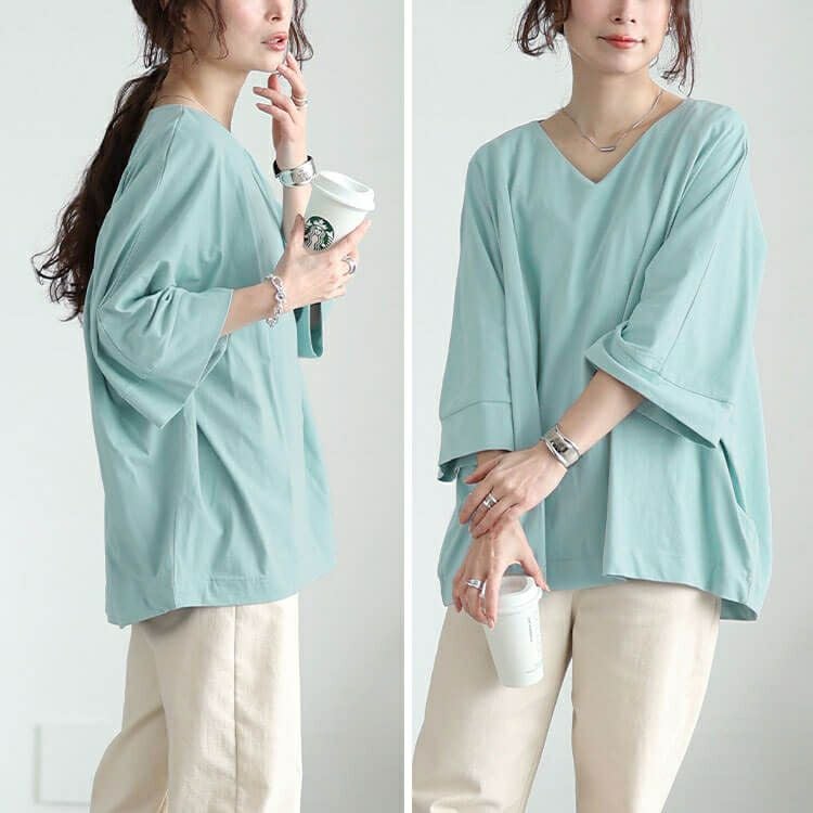 大きいサイズ レディース Vネックワイド袖ドルマンコットンカットソー　wk-0532【メール便可】