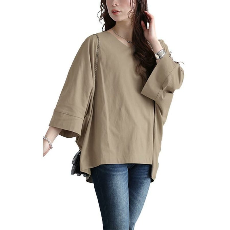 大きいサイズ レディース Vネックワイド袖ドルマンコットンカットソー　wk-0532【メール便可】 グレーベージュ