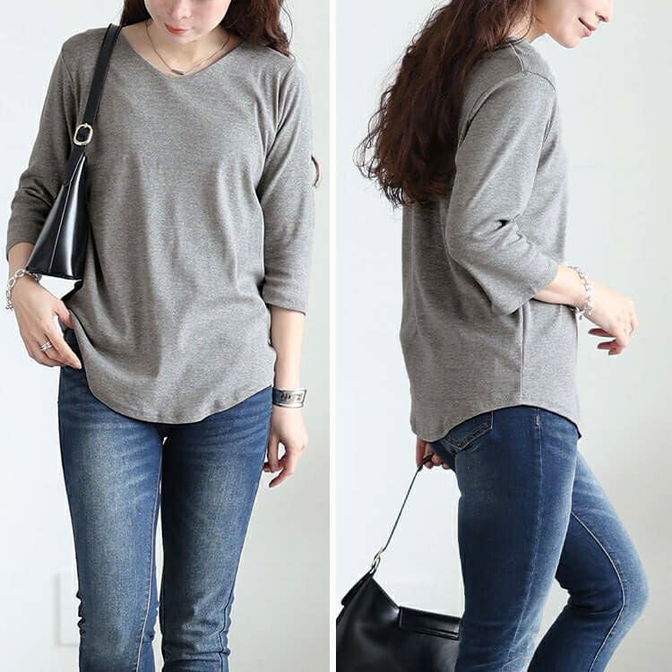 大きいサイズ レディース ラウンドヘムVネックコットンカットソー　wk-0531【メール便可】