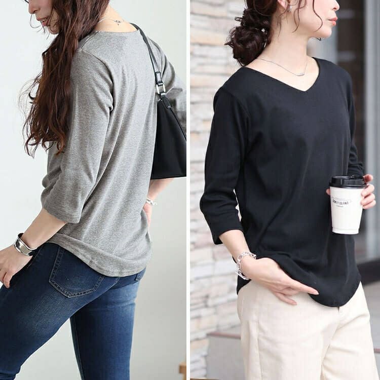 大きいサイズ レディース ラウンドヘムVネックコットンカットソー　wk-0531【メール便可】