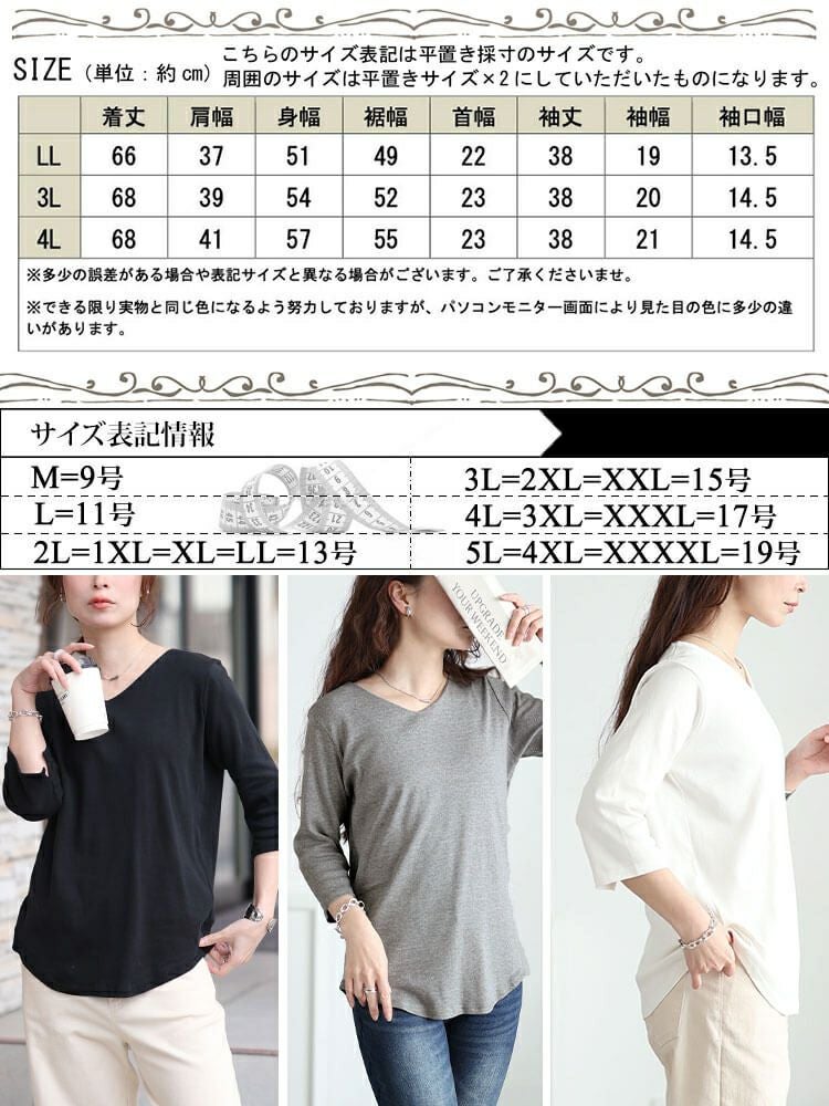 大きいサイズ レディース ラウンドヘムVネックコットンカットソー　wk-0531【メール便可】