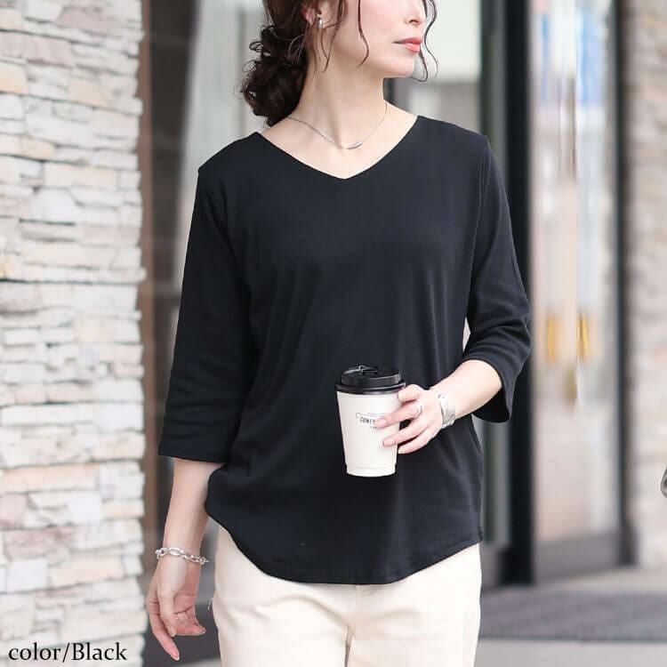 大きいサイズ レディース ラウンドヘムVネックコットンカットソー　wk-0531【メール便可】 ブラック