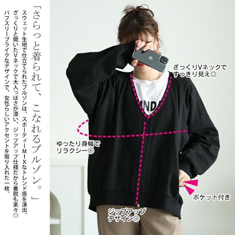 大きいサイズ レディース 深VネックコットンZIPブルゾン　wk-0522
