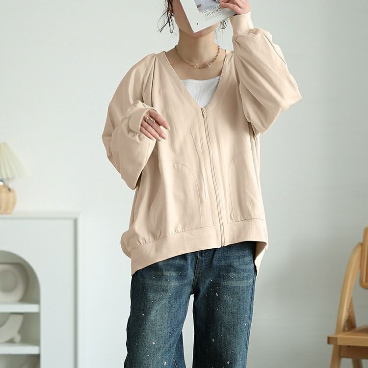 大きいサイズ レディース 深VネックコットンZIPブルゾン　wk-0522