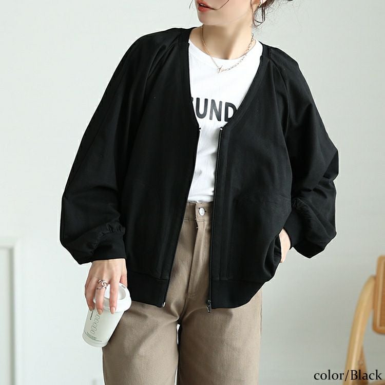 大きいサイズ レディース 深VネックコットンZIPブルゾン　wk-0522