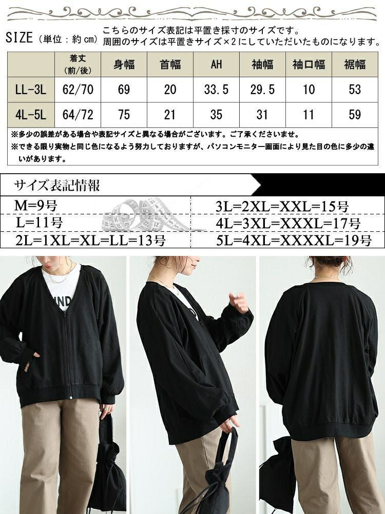 大きいサイズ レディース 深VネックコットンZIPブルゾン　wk-0522