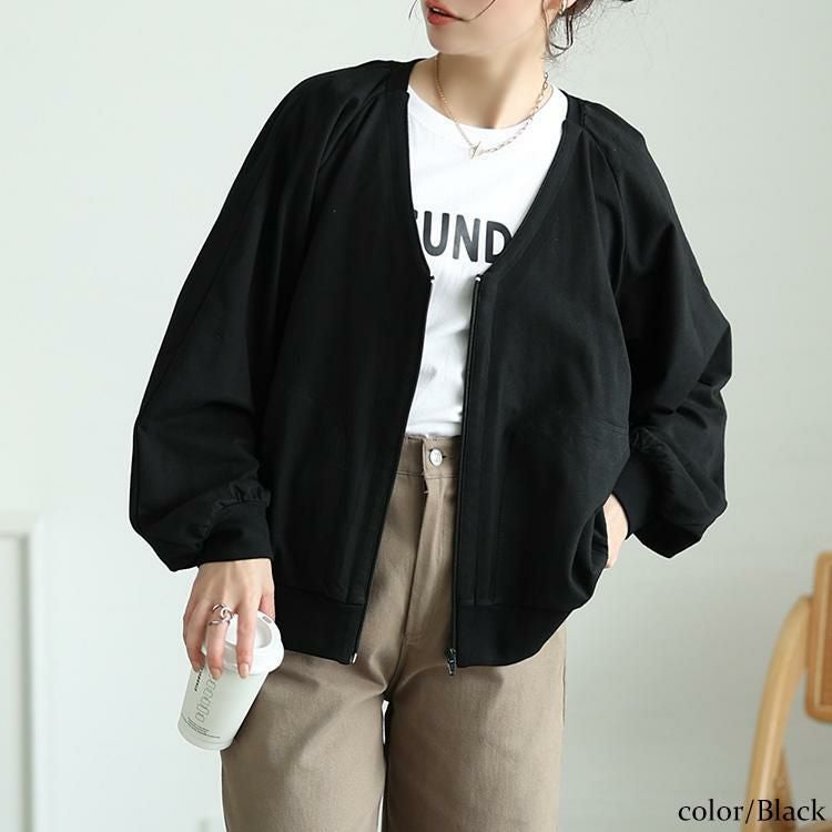 大きいサイズ レディース 深VネックコットンZIPブルゾン　wk-0522 ブラック