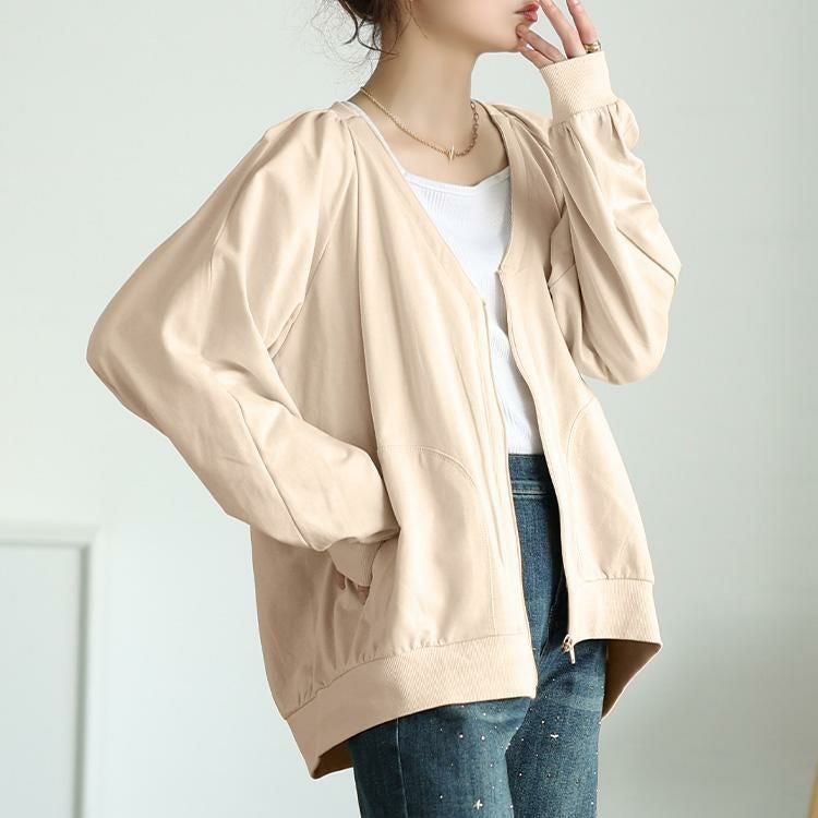 大きいサイズ レディース 深VネックコットンZIPブルゾン　wk-0522 ライトベージュ