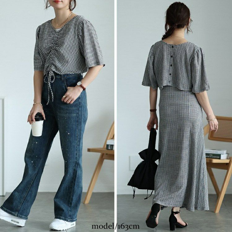 大きいサイズ レディース 前後2wayシャーリングクロップドブラウス＆キャミワンピース2点セット　maru-30148