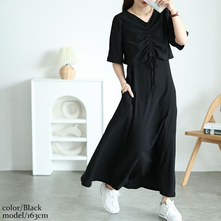 大きいサイズ レディース 前後2wayシャーリングクロップドブラウス＆キャミワンピース2点セット　maru-30148