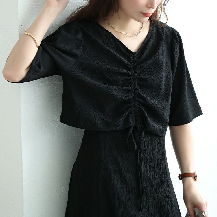 大きいサイズ レディース 前後2wayシャーリングクロップドブラウス＆キャミワンピース2点セット　maru-30148