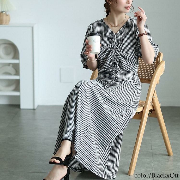 大きいサイズ レディース 前後2wayシャーリングクロップドブラウス＆キャミワンピース2点セット　maru-30148 ブラック×オフ