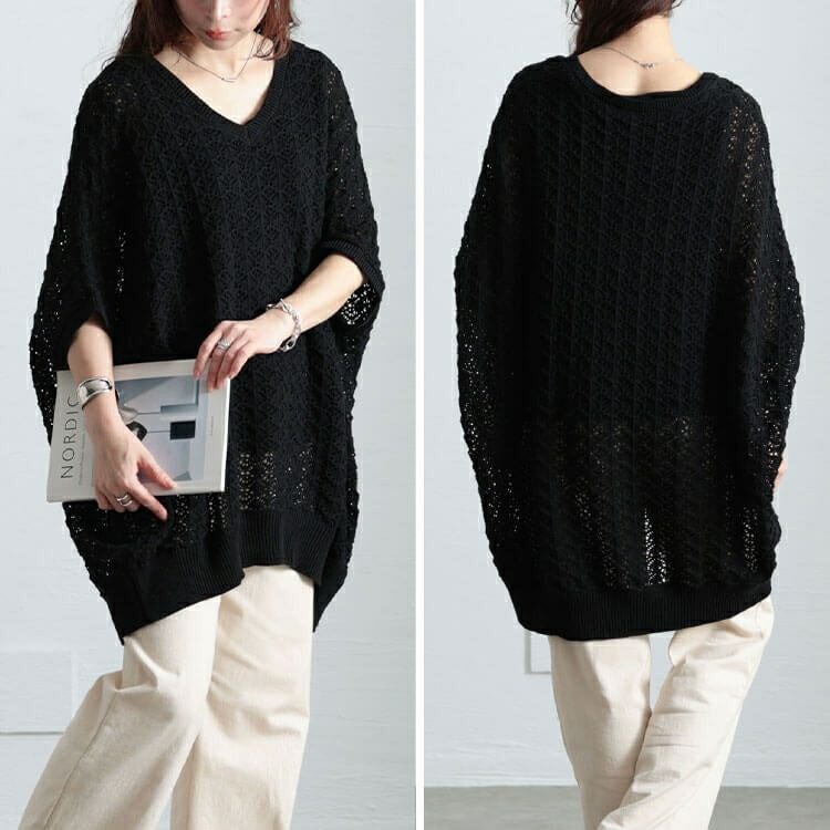 大きいサイズ レディース 透かし編みコットンドルマンチュニック　maru-20016