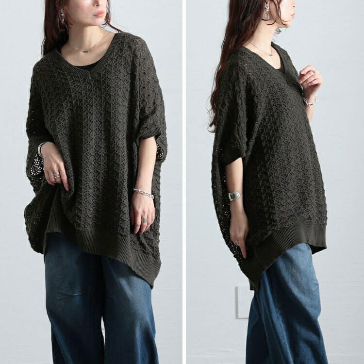 大きいサイズ レディース 透かし編みコットンドルマンチュニック　maru-20016