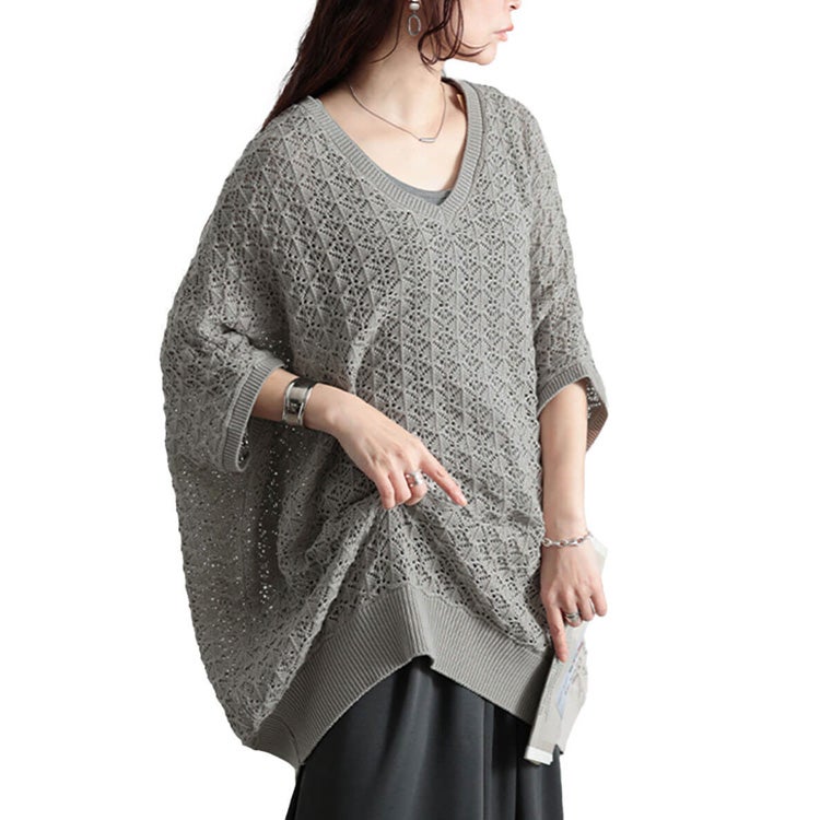 大きいサイズ レディース 透かし編みコットンドルマンチュニック　maru-20016 アイスグレー