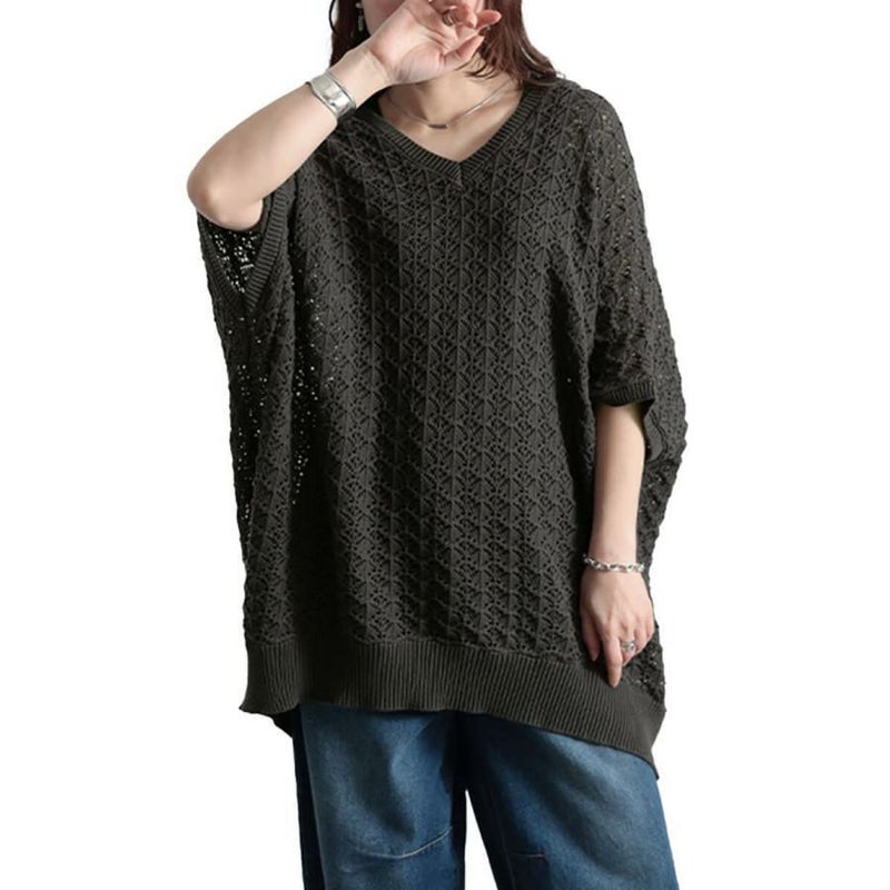 大きいサイズ レディース 透かし編みコットンドルマンチュニック　maru-20016 チャコール