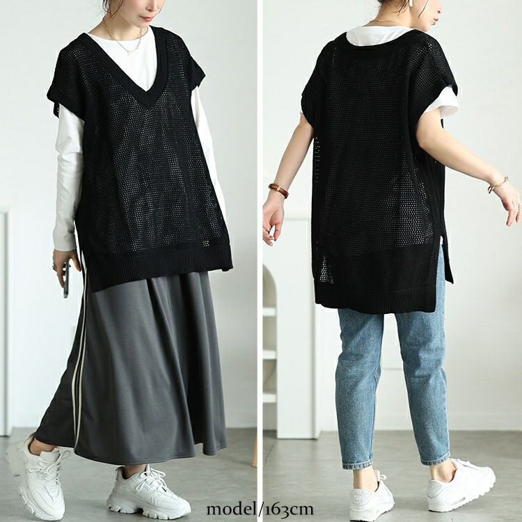 大きいサイズ レディース メッシュ編み深Vネックサイドスリットベスト　maru-20015