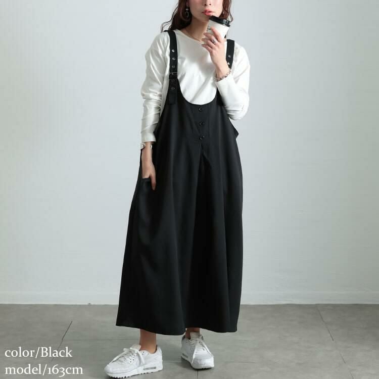 大きいサイズ レディース センタータック肩ベルトジャンパースカート　sw-0742 ブラック