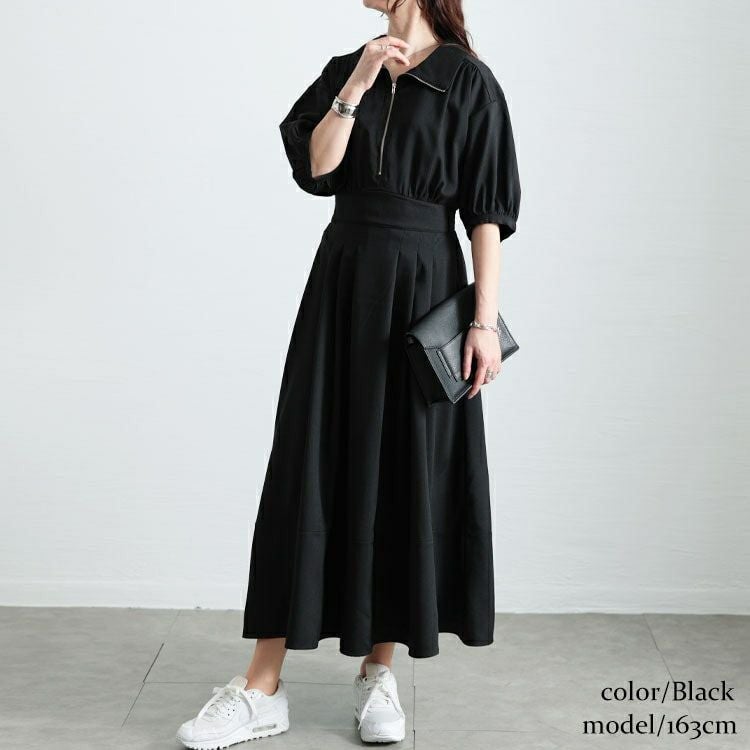 大きいサイズ レディース ハーフZIPパフスリーブワンピース　sw-0711