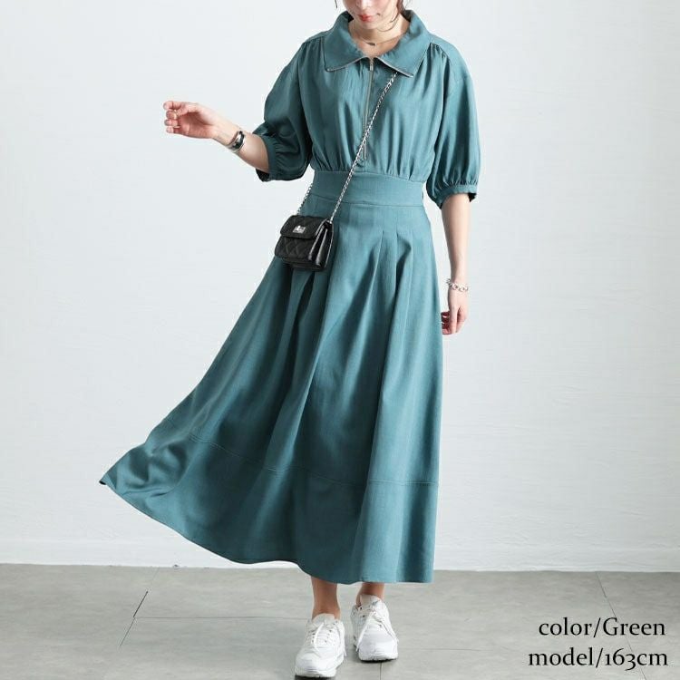 大きいサイズ レディース ハーフZIPパフスリーブワンピース　sw-0711