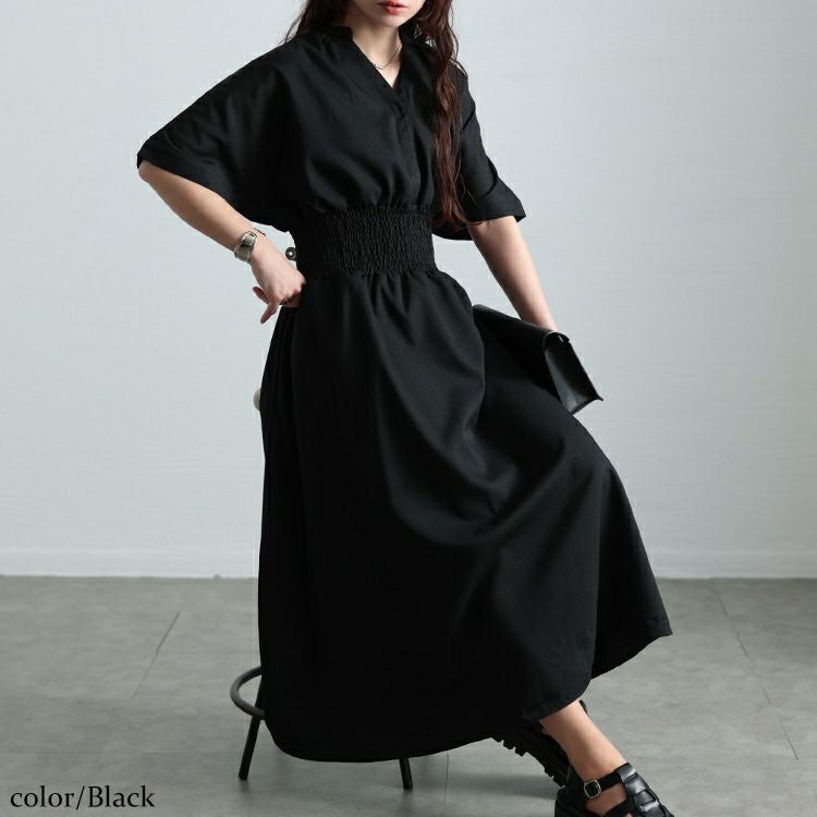 大きいサイズ レディース キーネックシャーリングワンピース　sw-0710
