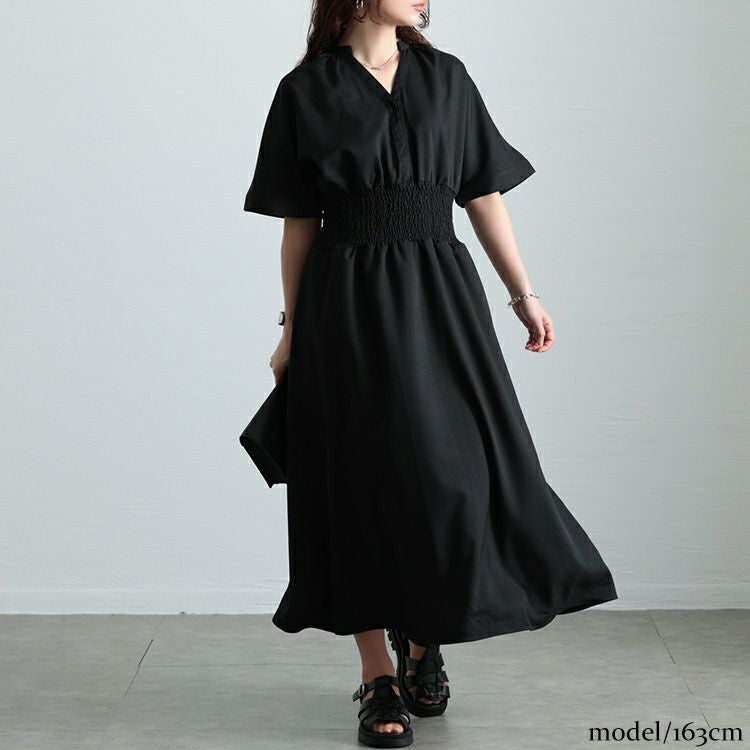 大きいサイズ レディース キーネックシャーリングワンピース　sw-0710