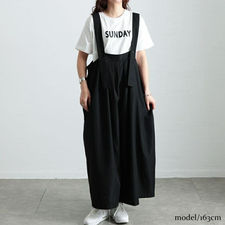 kubosanmade ゆったりパンツのサロペット（ブラック） 大きいサイズ レディース タックワイドサロペットパンツ sw-0743