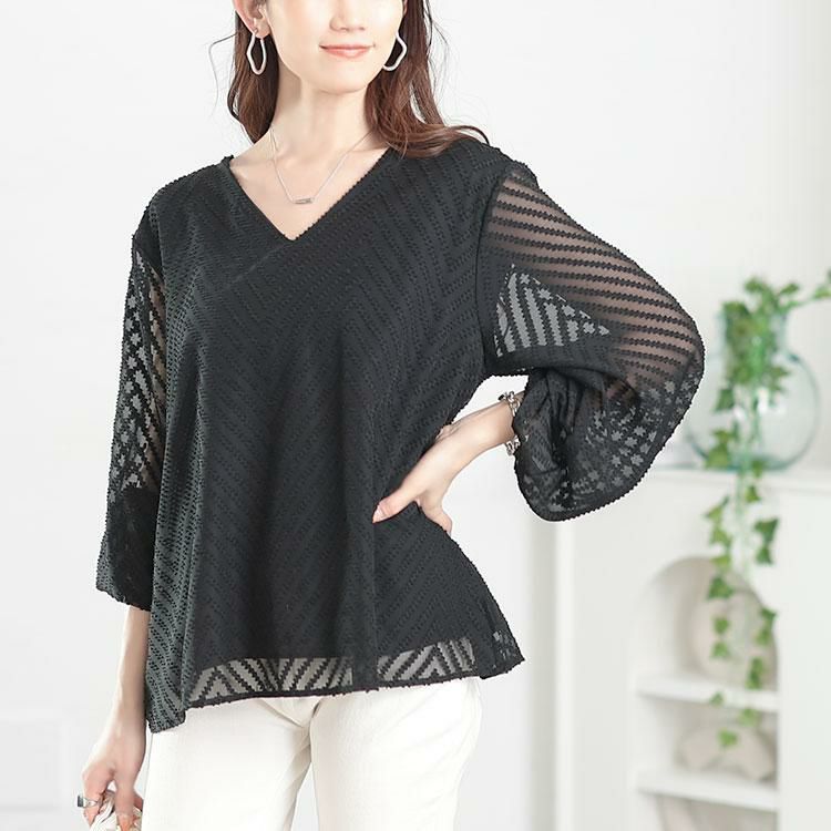 大きいサイズ レディース シアーVネックボリューム袖ブラウス　goldy-1663【メール便可】 ブラック