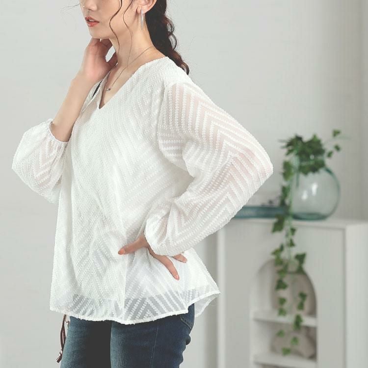 大きいサイズ レディース シアーVネックボリューム袖ブラウス　goldy-1663【メール便可】 ホワイト