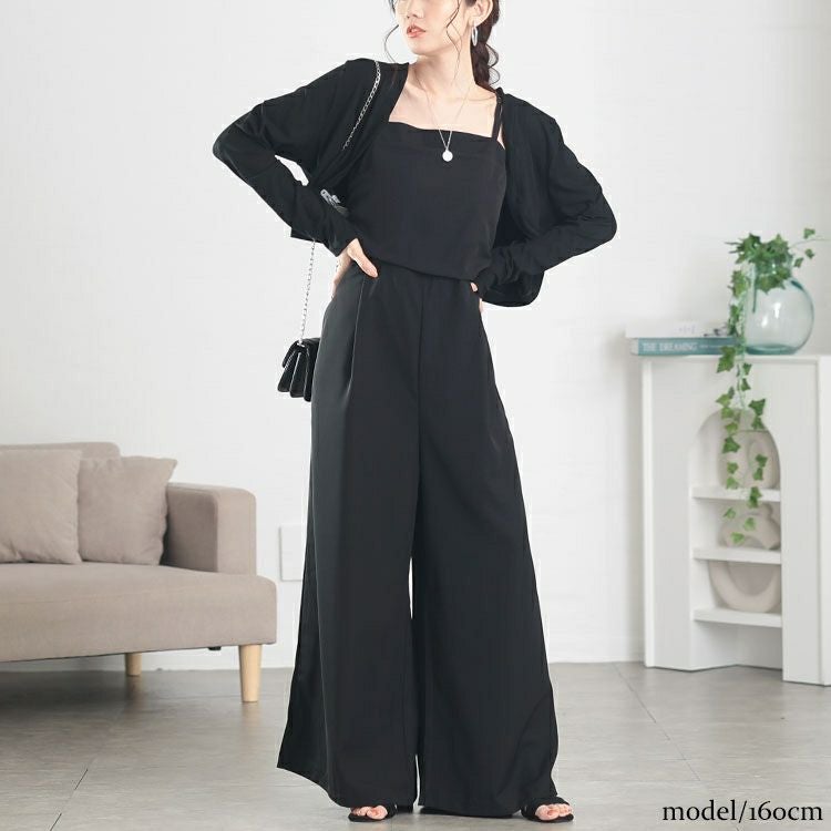 大きいサイズ レディース ショート丈トッパーカーディガン＆ワイドサロペットパンツ2点セット　goldy-1666