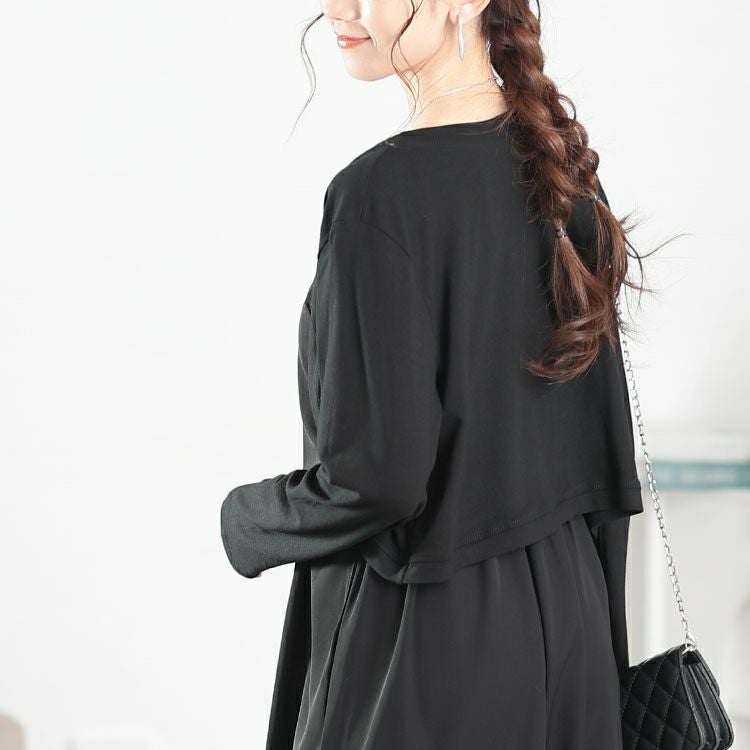 大きいサイズ レディース ショート丈トッパーカーディガン＆ワイドサロペットパンツ2点セット　goldy-1666