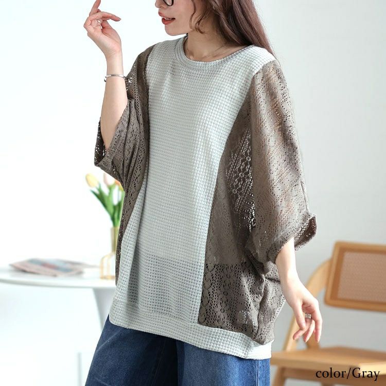 大きいサイズ レディース 配色レース編み切り替えニットドルマン　cast-5554019【メール便可】