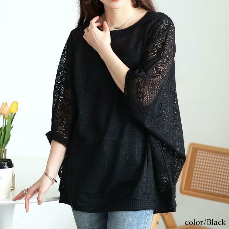 大きいサイズ レディース 配色レース編み切り替えニットドルマン　cast-5554019【メール便可】 ブラック