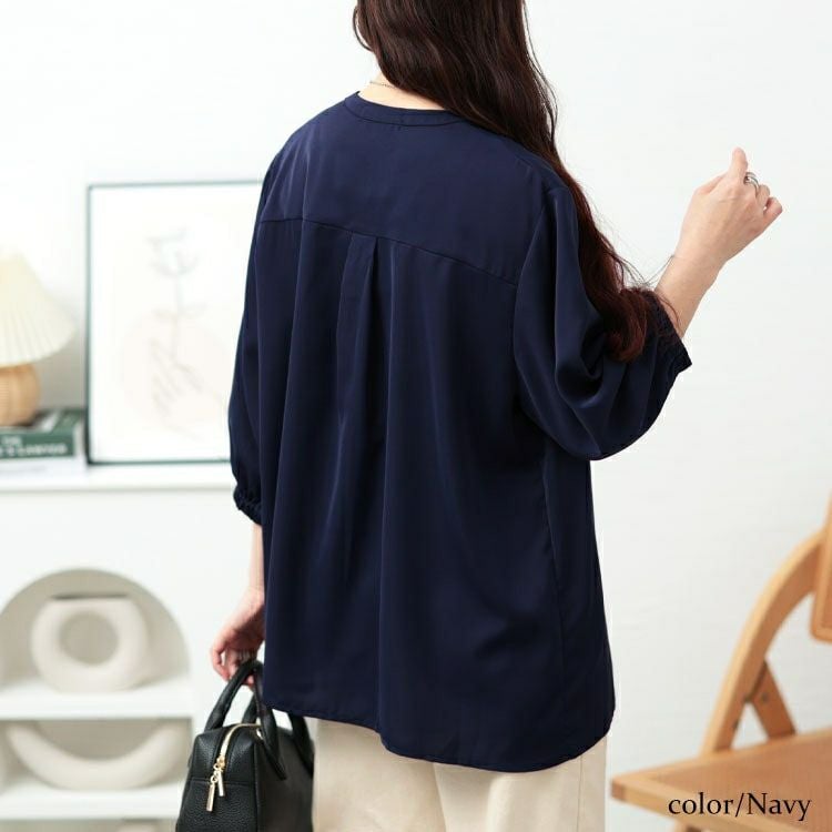 大きいサイズ レディース キーネックタックブラウス　fem-568【メール便可】