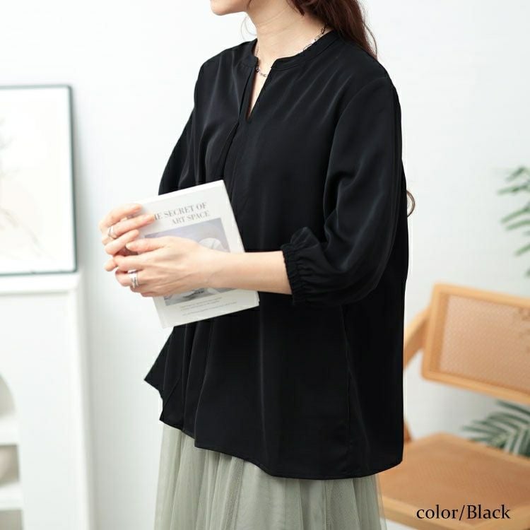 大きいサイズ レディース キーネックタックブラウス　fem-568【メール便可】