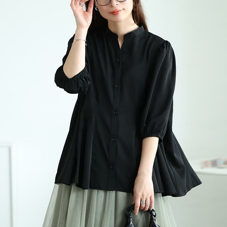 大きいサイズ レディース キーネックボリュームフレアブラウス　fem-569【メール便可】 ブラック