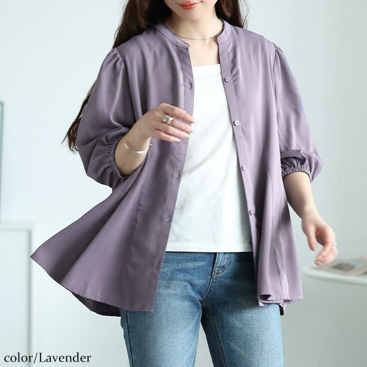 大きいサイズ レディース キーネックボリュームフレアブラウス　fem-569【メール便可】 ラベンダー