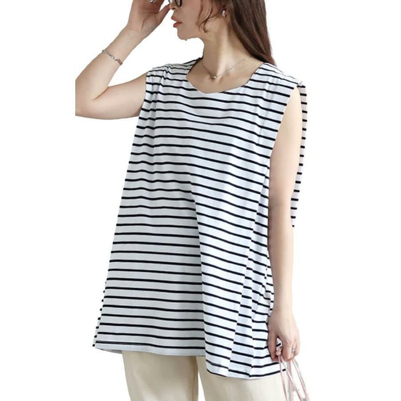 大きいサイズ レディース タックショルダーノースリーブチュニック　maru-30149【メール便可】 オフ×ブラック